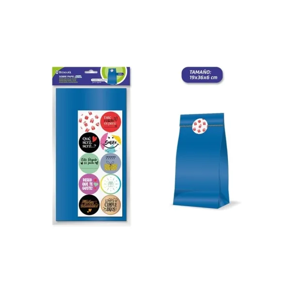 Bismark Pack De 10 Sobres Papel Kraft 50Grs Con 10 Pegatinas Para Cierre - Medidas 19X36X6Cm - Ideal Para Regalos - Color Azul