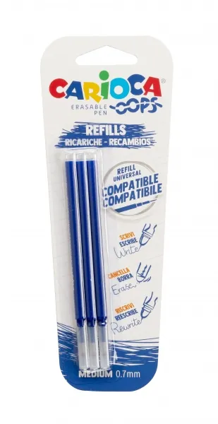 Carioca Oops Pack De 3 Recambios Para Boligrafo Borrable - Tinta Termo Sensible - Punta De 0.7Mm - Color Azul