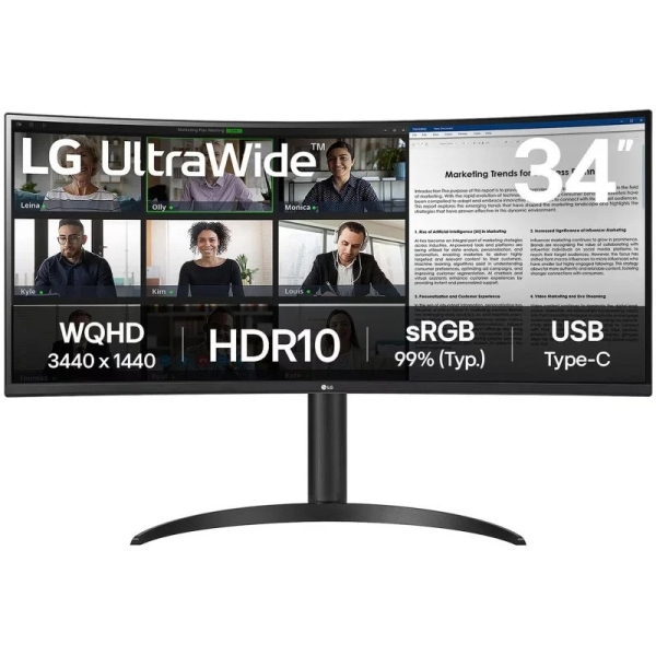 Lg Ultrawide Monitor 34" Curvo Led Va Wqhd 100Hz - Respuesta 5Ms - Angulo De Vision 178º - Ajustable En Altura E Inclinacion - 21:9 - Usb-A, Usb-C 65W, Hdmi, Displayport - Vesa 100X100Mm