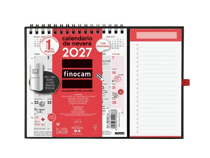 Finocam Calendario Anual 2027 con Imán Mes Vista Formato XS 140x150mm Rojo y Blanco