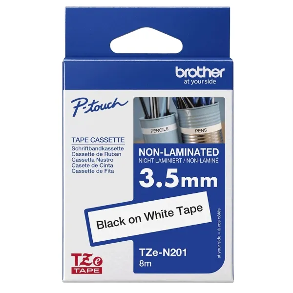 Brother Tzen201 Cinta No Laminada Original - Texto Negro Sobre Fondo Blanco - Ancho 3.5Mm X 8 Metros