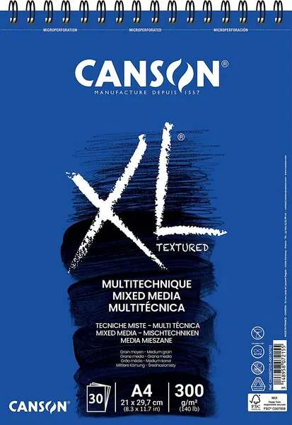 Canson Xl Mix Media Bloc De Dibujo Acuarela De 30 Hojas A4 - Grano Medio - Microperforado Espiral - 21X29.7Cm - 300G - Color Blanco