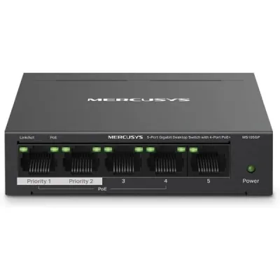 Mercusys Switch 5 Puertos Gigabit RJ45 10/100/1000Mbps con 4 Puertos PoE y Diseño Compacto