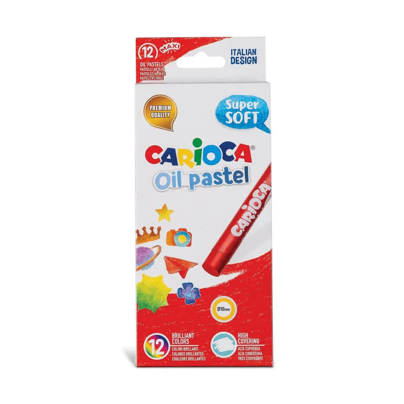 Carioca Pack de 12 Pasteles al Oleo - Maxi Cuerpo Ø 10mm - Lavables - Resistentes a la Luz - Faciles de Mezclar - Uso en Papel, Carton, Tela y Madera - Colores Surtidos