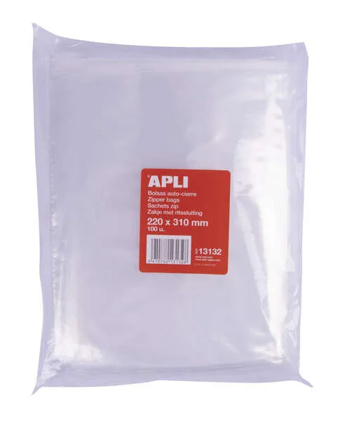 Apli Bolsas Autocierre 220x310mm LDPE Transparentes Pack 100 Unidades