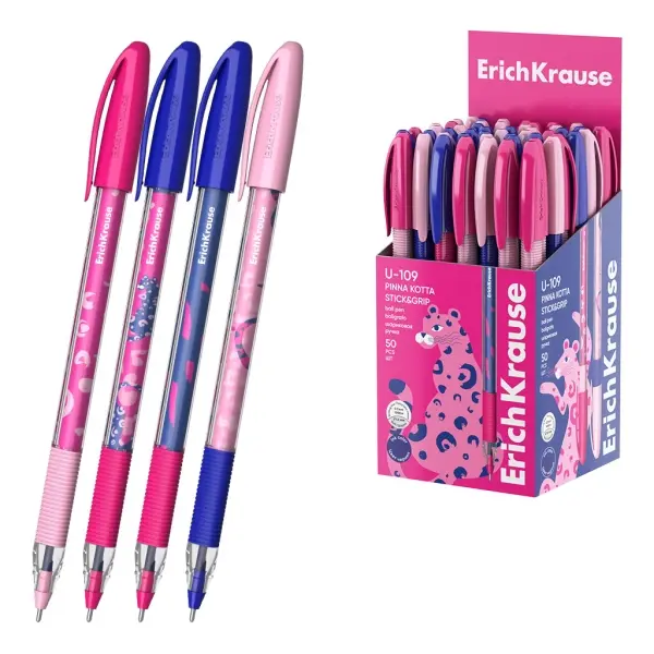 ErichKrause U-109 Bolígrafo con Capuchón, Trazo 0.3mm, Zona de Agarre de Goma, Tinta Baja Viscosidad, Color Azul