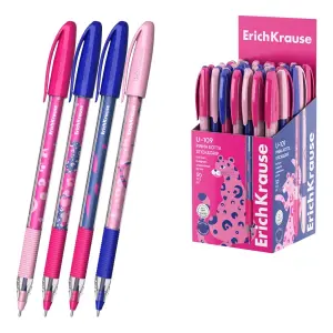 ErichKrause U-109 Bolígrafo con Capuchón, Trazo 0.3mm, Zona de Agarre de Goma, Tinta Baja Viscosidad, Color Azul