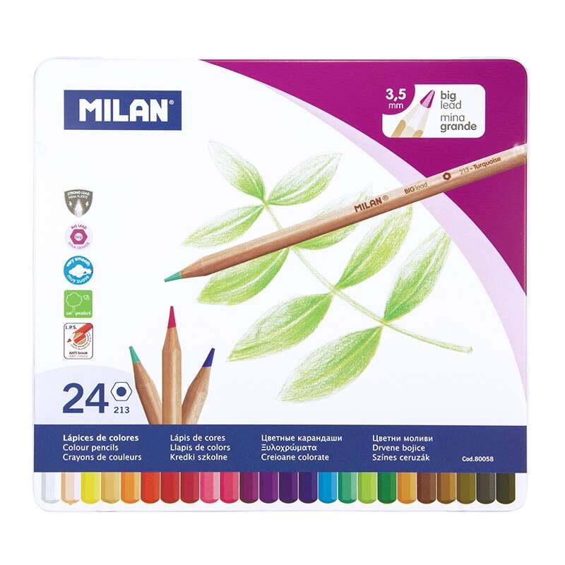 Milan Caja Metalica Con 24 Lapices Hexagonales De Colores - Mina 3.5Mm - Trazo Uniforme - Resistente A La Rotura - Colores Surtidos