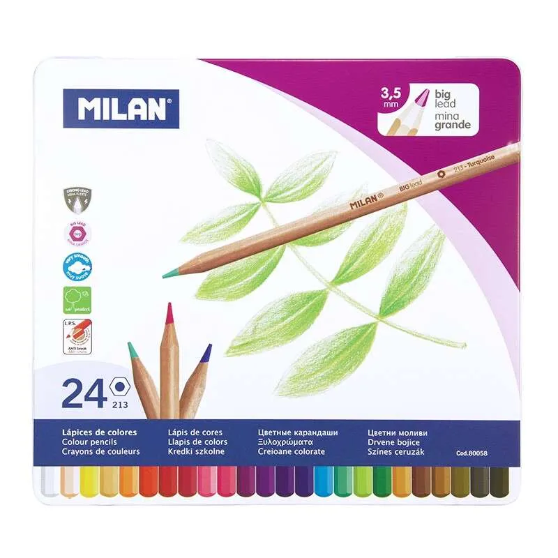 Milan Caja Metalica Con 24 Lapices Hexagonales De Colores - Mina 3.5Mm - Trazo Uniforme - Resistente A La Rotura - Colores Surtidos