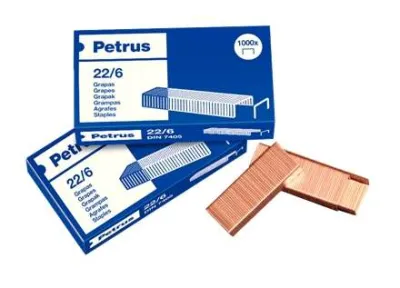 Petrus Pack de 4 Cajas de 1000 Grapas 22/6 Cobreadas - Hasta 30 Hojas - Patilla 6mm