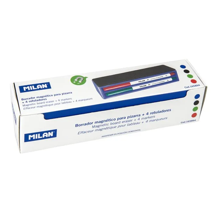 Milan Pack de Borrador Magnético y 4 Rotuladores para Pizarra Blanca 3.7 mm
