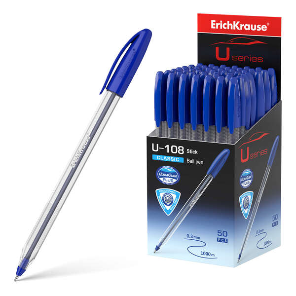 Erichkrause U-108 Boligrafo Clasico - Punta De Bola 1.0Mm - Trazo De 0.3Mm - Tapa Ventilada - Ultra Glide Technology - Color Azul
