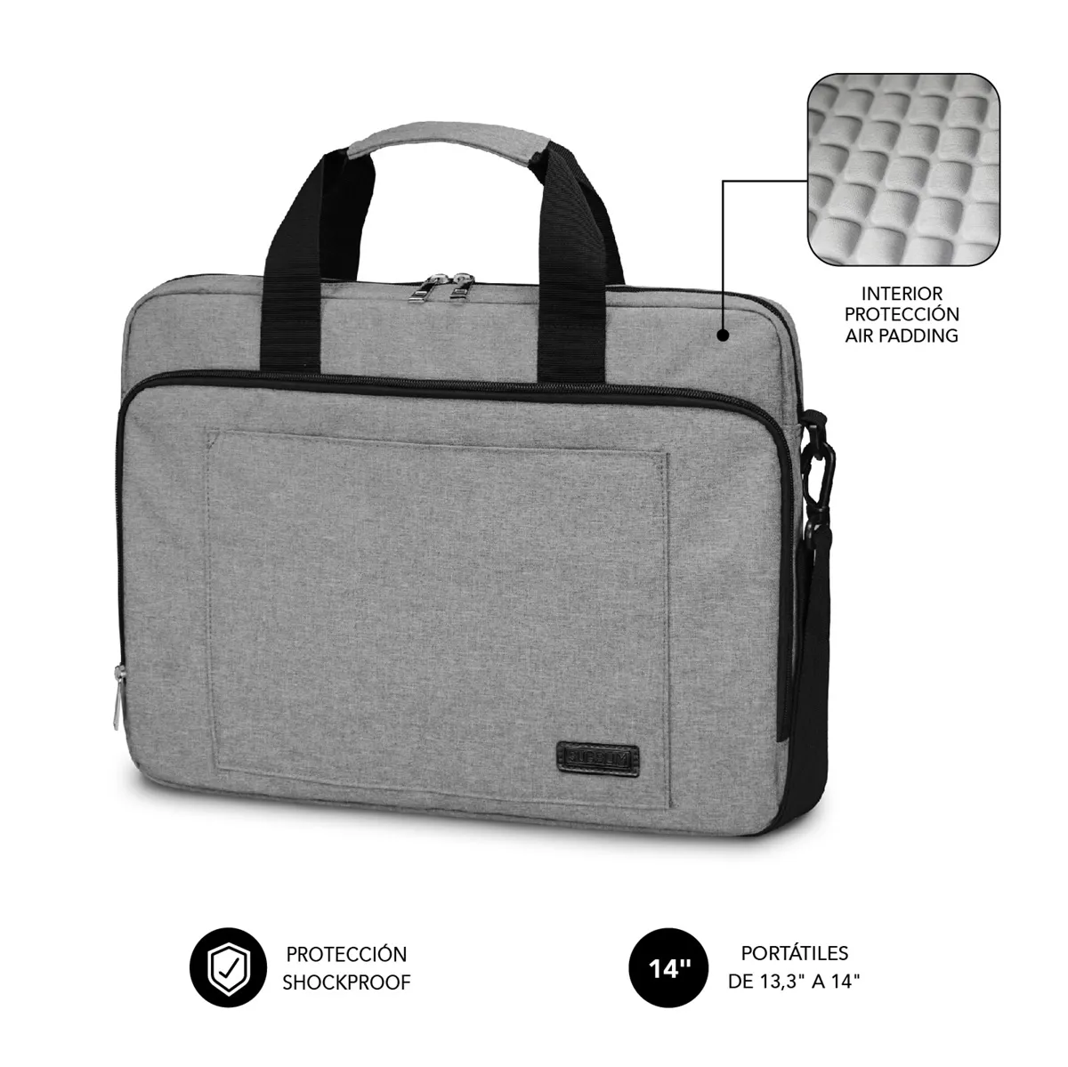 Subblim Maletin para Portatiles de hasta 14" Pulgadas - Proteccion Air Padding - Resistente Poliester Oxford - Repelente de Liquidos - Color Gris