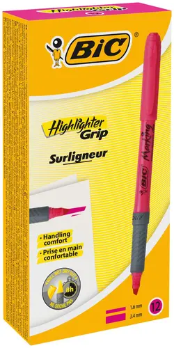 Bic Highlighter Grip Marcador Fluorescente Rosa - Tinta Base Agua - Punta Biselada - Trazo 1.60-3.30 mm