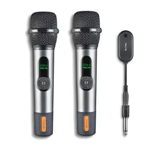 NGS SingerStar Duo Kit 2 Microfono Inalambrico Vocal - Tipo Dinamico - Sonido Potente y Claro - Entrada Jack 3.5 y Adaptador Jack 6.3 - Alcance hasta 15m - Autonomia hasta 30h - Color Negro
