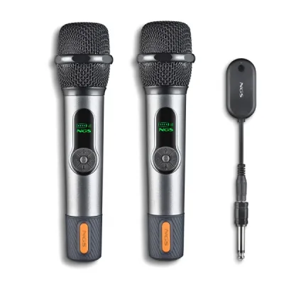 NGS SingerStar Duo Kit - Micrófono Inalámbrico Vocal Dinámico - Alcance 15m - Autonomía 30h - Entrada Jack 3.5 y 6.3 - Color Negro