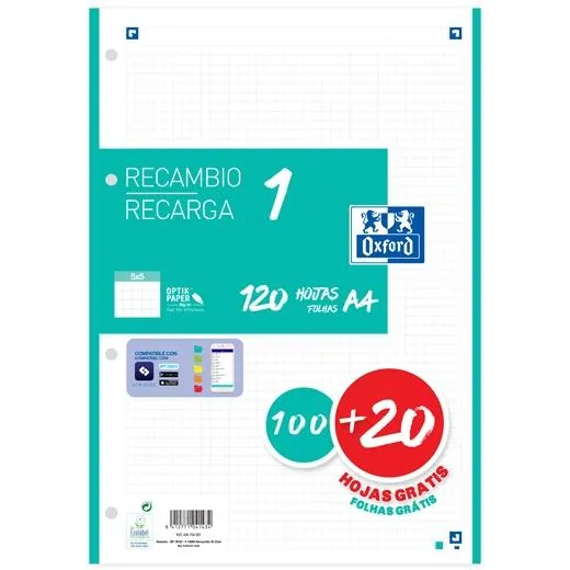 Oxford Recambio Classic 120 Hojas A4 Sueltas 90Gr 5X5Mm 4 Taladros 1 Banda Color Ice Mint