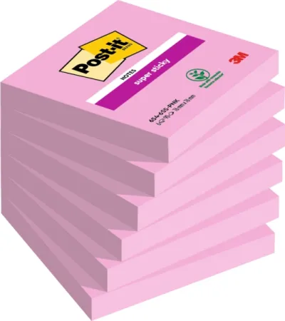 Post-it Super Sticky Pack de 6 Blocs de 90 Notas Adhesivas Reposicionables 76x76mm Rosa