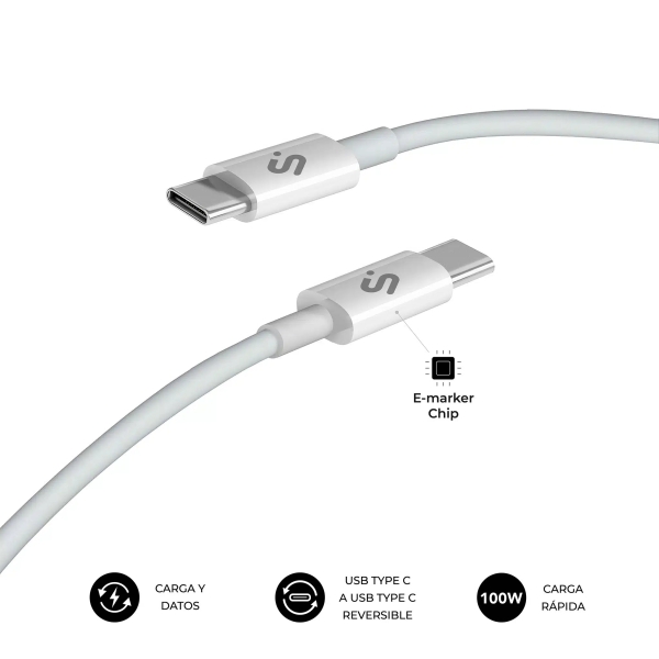 Subblim Cable Plus Usb-C - 100W - Nylon Trenzado - 480Mbps - Chip E-Marker - 2 Metros - Color Blanco