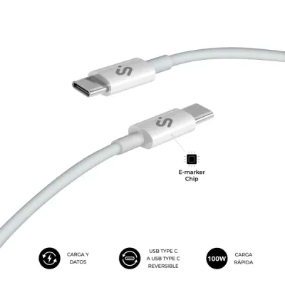 Subblim Cable Plus Usb-C - 100W - Nylon Trenzado - 480Mbps - Chip E-Marker - 2 Metros - Color Blanco