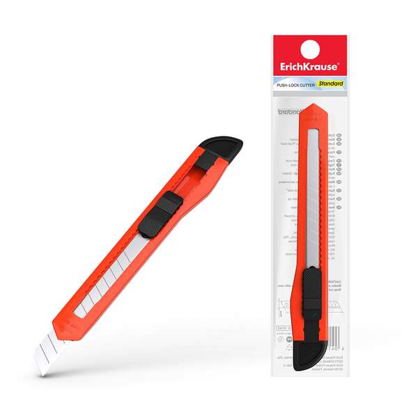 Erichkrause Easycut Cuter Con Fijador Push-Lock Standard 9Mm - Sistema De Sujecion De Cuchilla Con Seguro De Empuje - Cuchilla Segmentada De Acero - Color Aleatorio Naranja/Amarillo