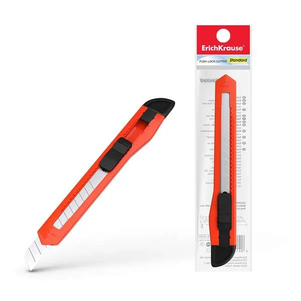 Erichkrause Easycut Cuter Con Fijador Push-Lock Standard 9Mm - Sistema De Sujecion De Cuchilla Con Seguro De Empuje - Cuchilla Segmentada De Acero - Color Aleatorio Naranja/Amarillo