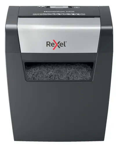 Rexel Momentum X406 Destructora de Papel Corte Confeti P-4, 7 Hojas, 15L, Gris/Plata