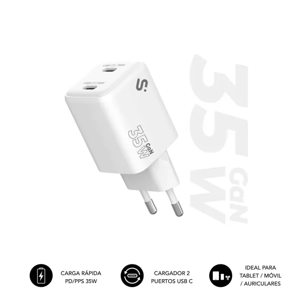 Subblim Cargador De Pared Gan 35W - 2Xusb-C -  Carga Rápida - Color Blanco