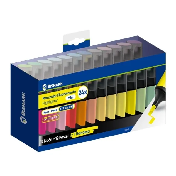 Bismark Set de Mesa con 24 Mini Marcadores Fluorescentes - 12 Neon y 12 Pastel - Tinta de Secado Rápido