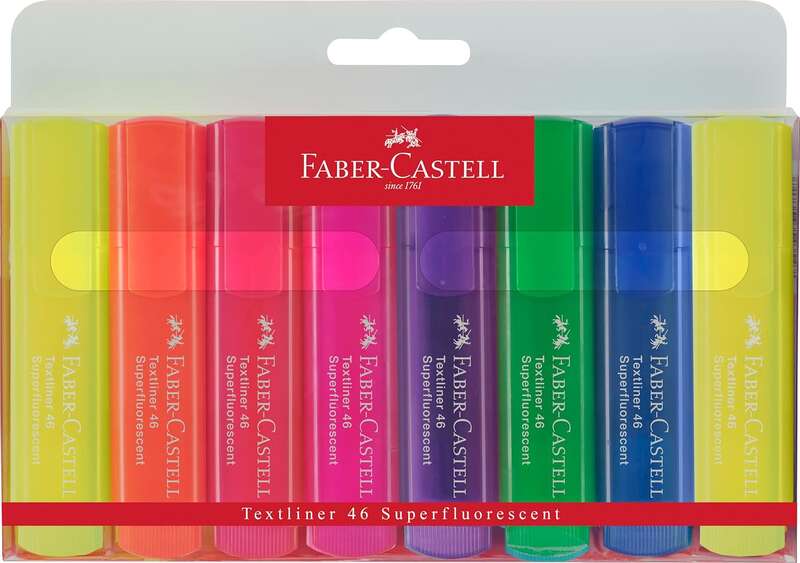 Faber-Castell Textliner 46 Superfluorescente Pack De 8 Marcadores Fluorescentes - Punta Biselada - Trazo Entre 1Mm Y 5Mm - Tinta Con Base De Agua - Colores Surtidos