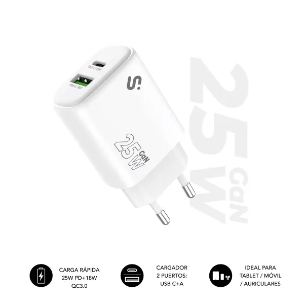 Subblim Cargador De Pared Gan 25W - Usb-C + Usb-A -  Carga Rápida - Color Blanco