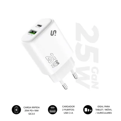 Subblim Cargador de Pared GaN 25W - USB-C y USB-A - Carga Rápida - Blanco