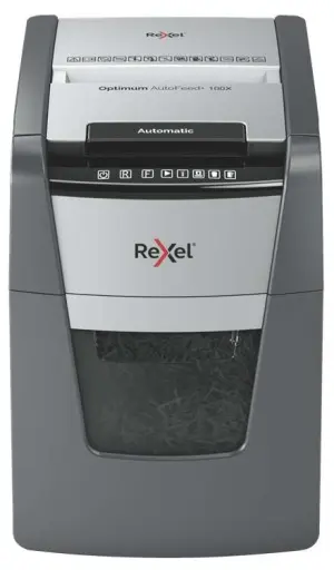 Rexel Optimum AutoFeed 100X Destructora Automatica de Corte en Particulas P-4 - Alimentacion Automatica 100 Hojas y Manual 8 Hojas - Capacidad de la Papelera 34L - Color Gris/Plata