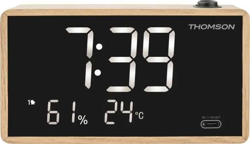 Thomson Reloj Despertador con Proyección, Radio FM y Visualización de Temperatura Interior, Color Madera