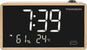 Thomson Reloj Despertador con Proyección, Radio FM y Visualización de Temperatura Interior, Color Madera