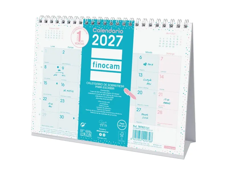 Finocam Calendario de Sobremesa Anual 2027 Mes Vista Formato S 210x150mm Turquesa