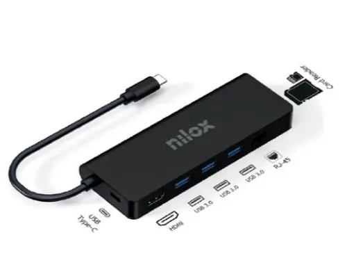 Nilox Dock Station USB-C 8 En 1: 3x USB 3.2, 1x HDMI, SD, RJ45, PD, Micro SD - Negro