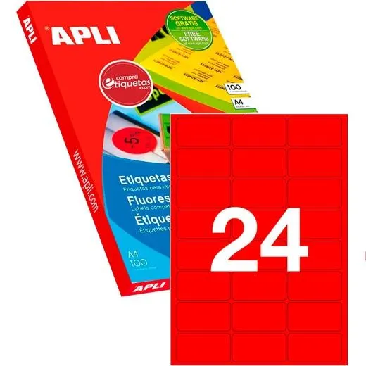 Apli Etiquetas Adhesivas 64X33,9Mm Láser C/Romos 24 X 100H Rojo Fluorescente