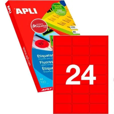 Apli Etiquetas Adhesivas 64X33,9mm Láser C/Romos 24 X 100H Rojo Fluorescente