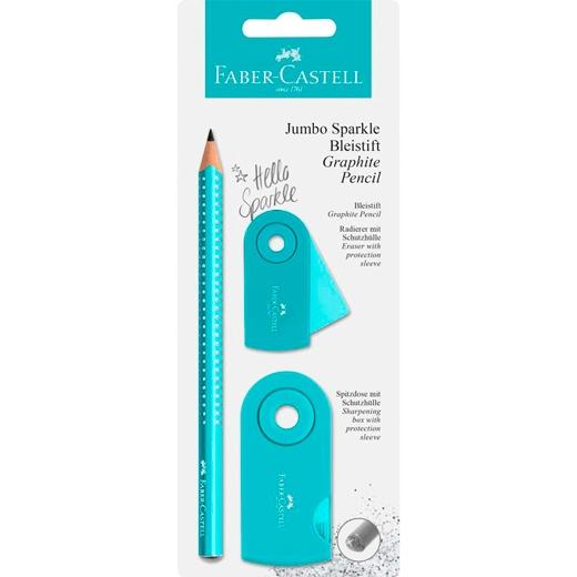 Faber Castell Lápiz De Grafito Jumbo Sparkle + Goma De Borrar + Afilalápices Turquesa Blíster