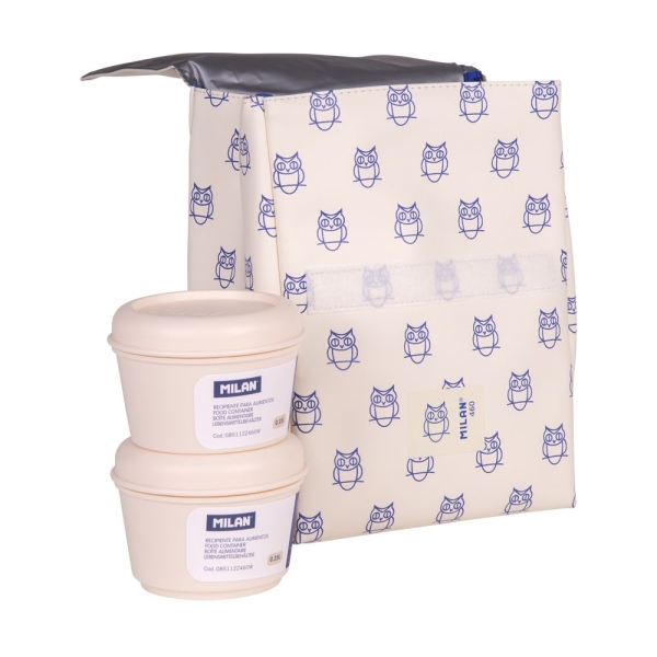 Milan Coleccion 460 Bolsa Isotermica Porta Alimentos 3,5L - Incluye 2 Recipientes Para Alimentos De 0,25L - Interior Aislante Termico - Color Beige/Azul