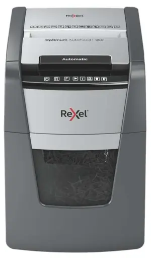 Rexel Optimum AutoFeed 90X Destructora Automatica de Corte en Particulas P-4 - Autoalimentacion 90 Hojas, Manual 8 Hojas - Anti Atasco - Capacidad de la Papelera 35L - Color Gris
