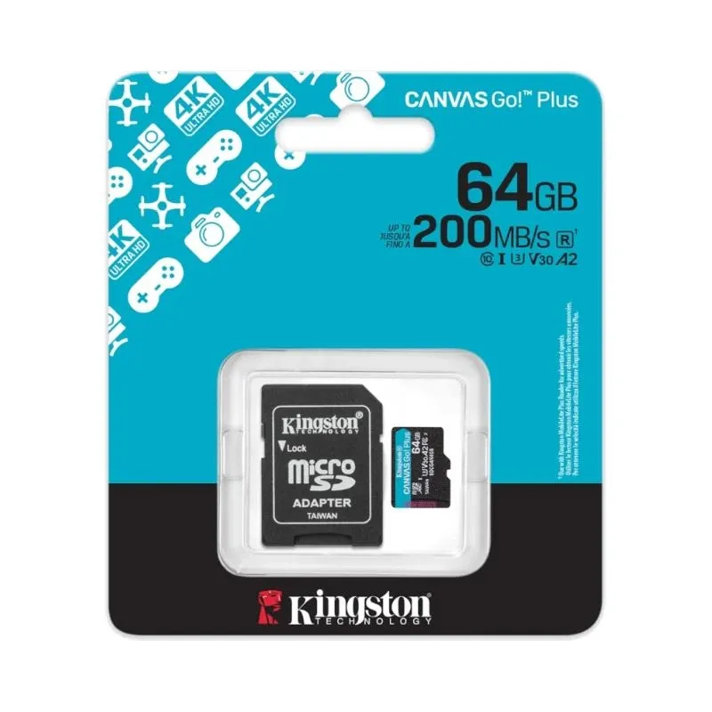 Kingston Tarjeta Micro SDXC 64GB UHS-I U3 V30 200MB/s Canvas Go Plus con Adaptador