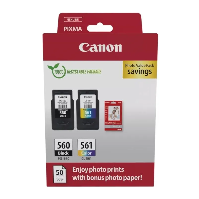 Canon PG560/CL561 Pack de 2 Cartuchos de Tinta Originales y Papel Fotográfico GP-501