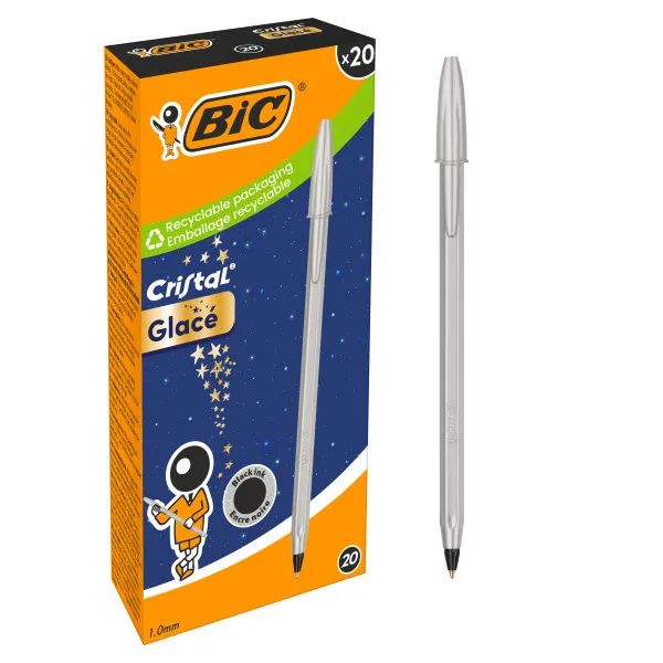 Bic Cristal Glace Boligrafo De Bola - Cuerpo Opaco En Color Plata Mate - Punta Redonda De 1Mm - Trazo 0.4Mm - Tinta Con Base De Aceite - Color De La Tinta Negro