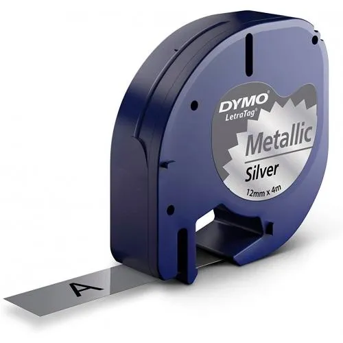Dymo Cinta 91208 - Negro Sobre Plata Metalizada - 12Mmx4M - Plástico - Rotuladora Letratag
