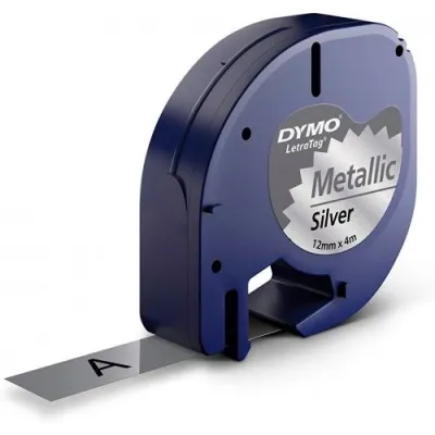 Dymo Cinta 91208 Negra Sobre Plata Metalizada 12mm x 4m para Rotuladora LetraTag