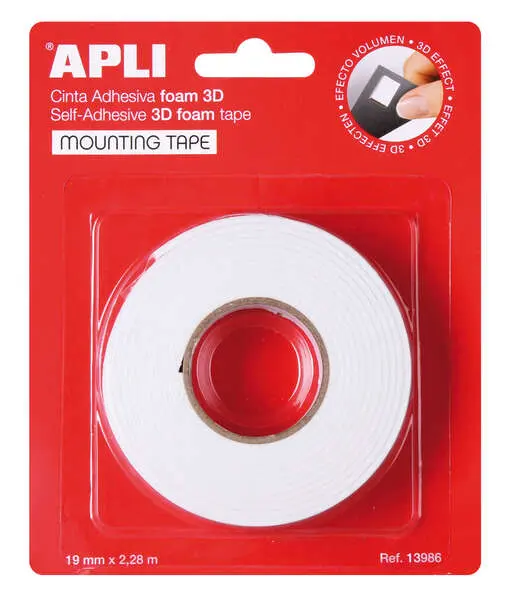 Apli Cinta Adhesiva Doble Cara Foam 3D 19mm x 2.28m - Fuerte y Duradera - Color Blanco