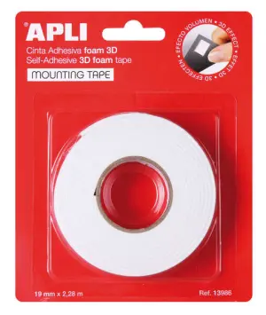 Apli Cinta Adhesiva Doble Cara Foam 3D 19mm x 2.28m - Fuerte y Duradera - Color Blanco