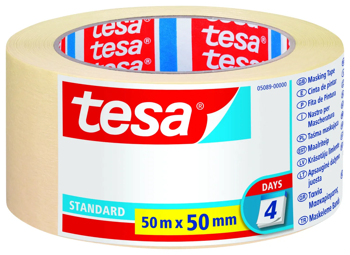Tesa Standard Cinta de Pintor 50mm x 50m - Fabricada en Papel - Libre de Disolventes - No deja Residuos